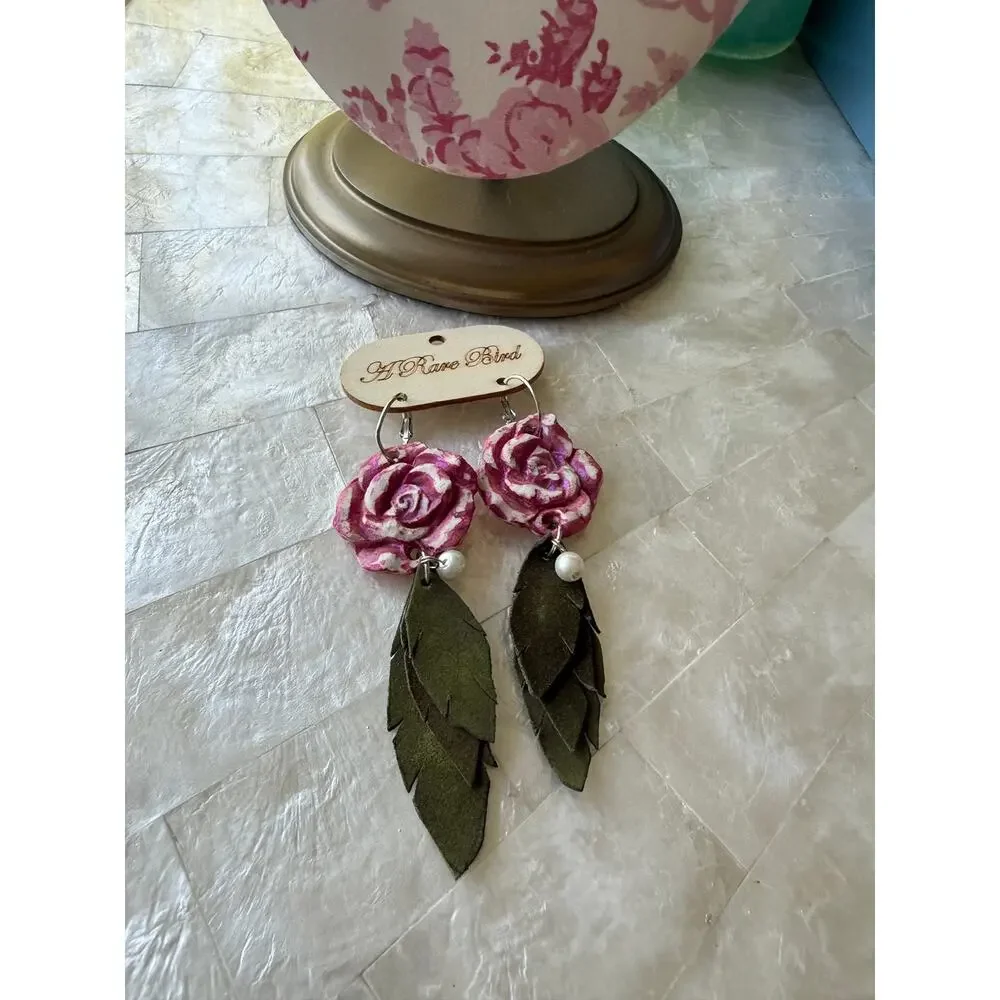 A Rare Bird Rose Leaf Pearl drop Earrings
